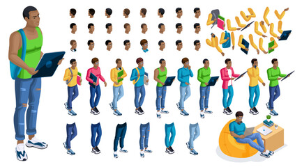Isometric cartoon people, 3D Set for creating Black Man Student person. Full length gestures isolated, N4. Create your own design for vector