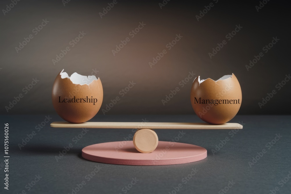 Poster eggshells on a scale represent leadership and management.