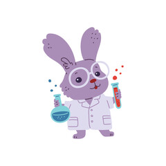 Cute hare scientist holds lab tubes of chemicals, vector cartoon rabbit in glasses and white coat laboratory animal