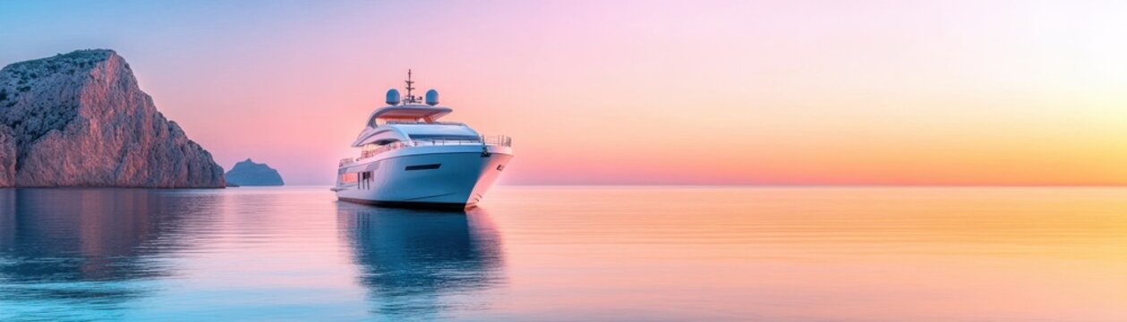 Luxurious yacht anchored at sunset over calm waters.