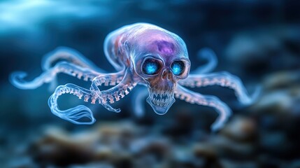 A fantastical glowing creature with a skull and octopus-like tentacles floats in the mysterious deep ocean, symbolizing curiosity, fear, and the unknown depths of imagination.