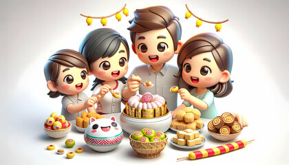 Fototapeta premium 3D Candid Family Sharing Seollal Sweets Snacks Together Joy Indulgence Festive Eating Togetherness Cultural Tradition Ample Copy Space Isolated White Background Icon