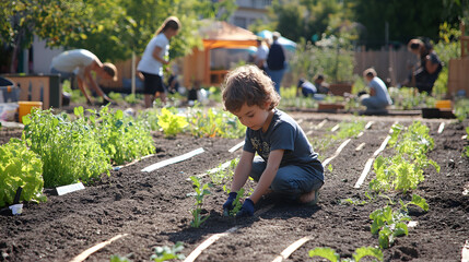 Kind pflanzt Jungpflanze im Gemeinschaftsgarten