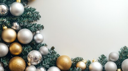 A festive arrangement of gold and silver ornaments with evergreen branches for Christmas decor.