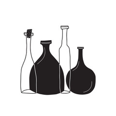 Tableware, kitchen utensils, bottles in doodle style hand drawn black and white vector illustration