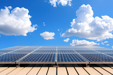Solar panels under bright blue sky with fluffy clouds, showcasing renewable energy technology and sustainability