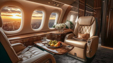 Fototapeta premium Luxurious private jet cabin interior featuring plush leather seating through large windows.