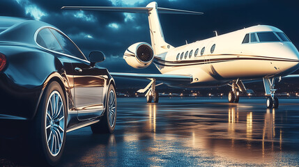 Fototapeta premium A black luxury car on a the airport runway with a private jet at sunset representing the billionaire lifestyle.