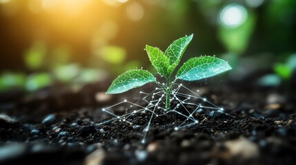 A small green plant sprout growing from the soil with a network of lines connecting the leaves. The plant is illuminated by the sun.