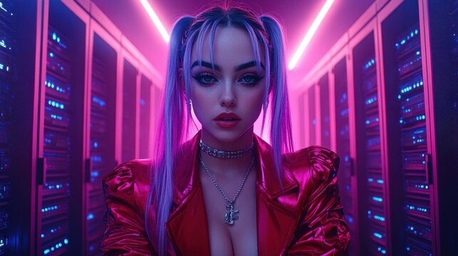 Woman in Neon Lights Examining Server Racks