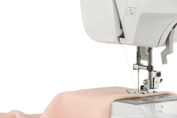 Sewing machine with cloth isolated on white