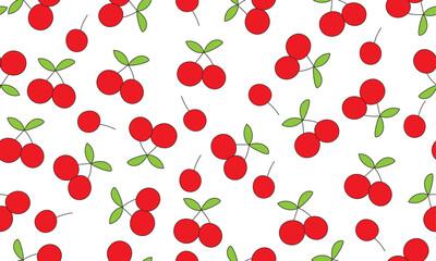 Seamless Pattern of Red Cherries with Green Leaves on transparent background