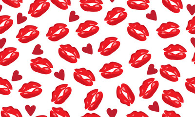 A transparent background with a repeating pattern of red lips and red hearts on transparent background