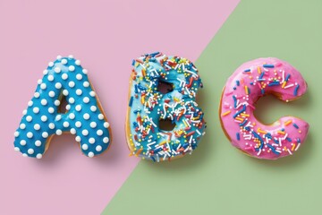 Donut shaped letters A  B  and C with colorful sprinkles.