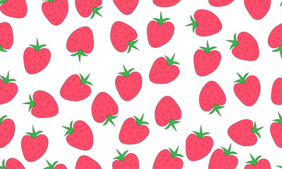 A seamless pattern of cartoon red strawberries with green leaves on a transparent background.