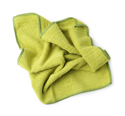 Clean green microfiber cloth isolated on white, top view