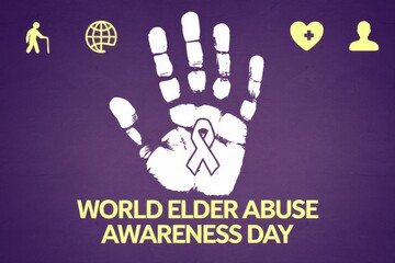Obraz premium A white handprint with a purple ribbon symbolizes World Elder Abuse Awareness Day.
