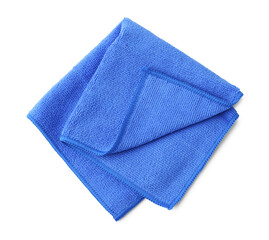 Clean blue microfiber cloth isolated on white, top view