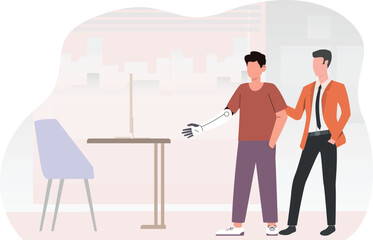 Disable awareness and disable employee with employer boss in good relation between hand disabled employee and employer of robotic hand disability.Disability awareness at workplace.