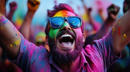 Obraz premium A joyful person exuberantly celebrating with vibrant colors at Holi festival. Their face covered in colorful powders reflects happiness and cultural festivities.