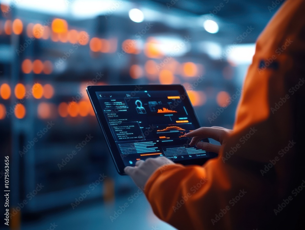 Poster person using tablet to analyze data in a modern workspace.
