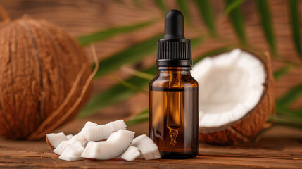 A glass dropper bottle of coconut oil sits beside fresh coconut pieces against a natural, wooden background, emphasizing natural beauty and wellness.