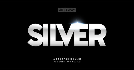 Bold silver sans serif alphabet for headlines, glossy metallic typeface, sleek polished font for premium logo. Vector typeset.