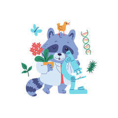 Cute racoon scientist with microscope, vector cartoon animal in white coat laboratory biotechnology scientist, molecule
