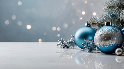 White background with light blue and silver Christmas decorations. Generative AI.