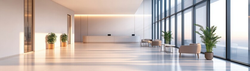 Spacious modern interior with large windows and minimalistic design.