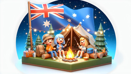 3D Candid Friends Camping Australia Day Icon Outdoor Adventure with Australian Flags Tents Campfire Laughter Starry Sky Symbolizing Friendship Festivities Ample Copy Space