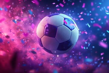 Naklejka premium A soccer ball floats in a colorful confetti explosion.