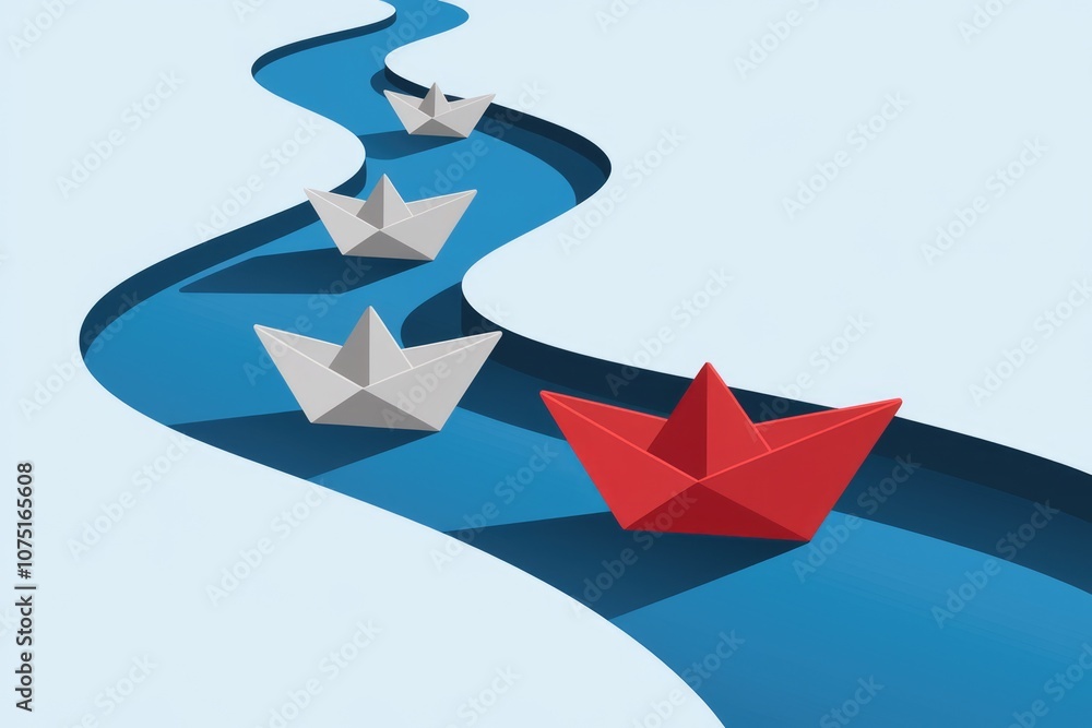 Aufkleber red paper boat leads the way in a winding river symbolizing standing out and being different.
