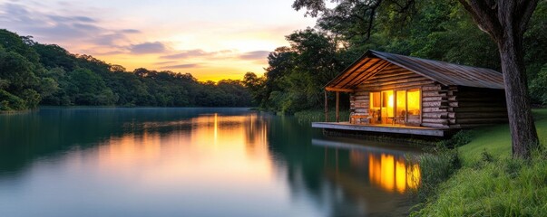 Fototapeta premium Scenic log cabin by the lake under a vibrant sunset sky.