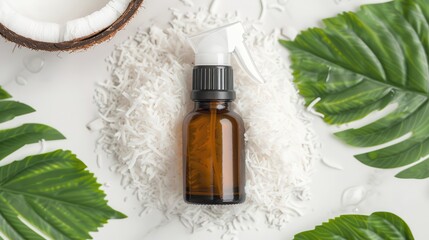 Fototapeta premium A bottle of oil rests on a bed of coconut flakes, surrounded by tropical leaves, creating a serene, natural ambiance.