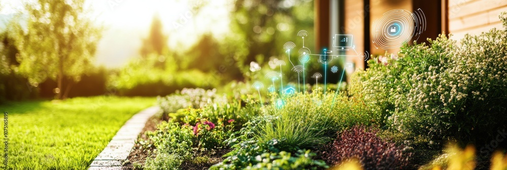 Poster this lush garden features automated sprinklers and soil sensors at work under the warm afternoon sun
