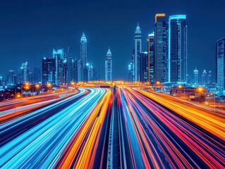Fototapeta premium Vibrant city skyline at night with light trails from traffic.