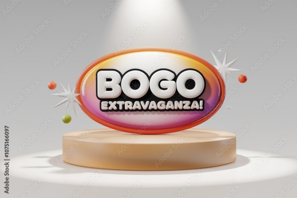 Poster a 3d render of a bogo extravaganza sign with colorful accents.