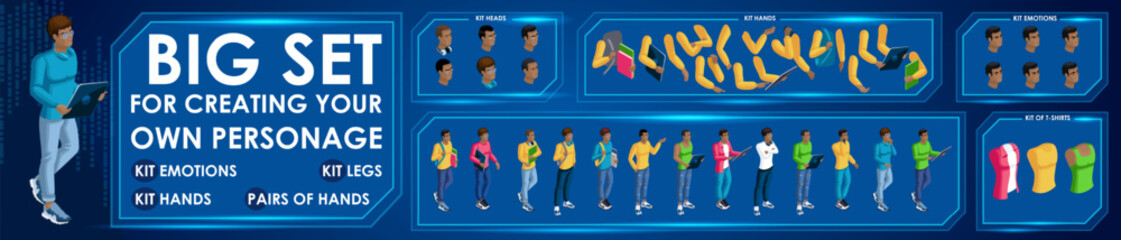Isometric Black Man characters constructor for designed N7. Presentation in various action. Set of Students personages flat style illustration