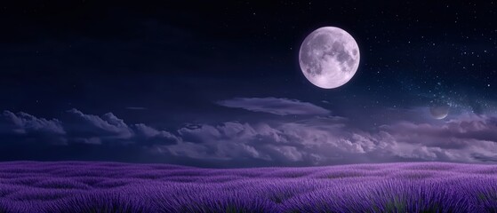 Fototapeta premium A field of lavender glowing softly under the light of a rising moon