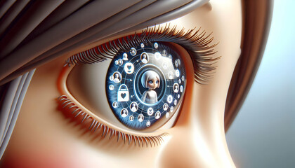 3D Macro Close Up Community Manager Eye Reflecting Community Data Digital Interaction Focused Look Ample Copy Space Isolated White Background Icon