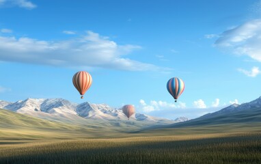 Fototapeta premium A lush valley dotted with colorful hot air balloons floating in the early morning light
