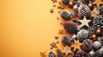 A festive arrangement of pinecones, stars, and ornaments against an orange background.