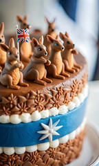 Macro Close Up Australian Themed Cake Decoration Vibrant Colors Intricate Details Symbols of Celebration National Pride Ample Copy Space Photo Stock Concept for Local Events and Festivities