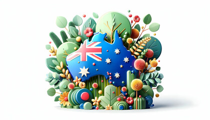 Obraz premium 3D Glossy Australian Nature Elements Background - Eucalyptus Leaves, Native Flowers, Vibrant Colors, Ample Copy Space, Natural Beauty, National Pride, Isolated on White Background, Iconic Design