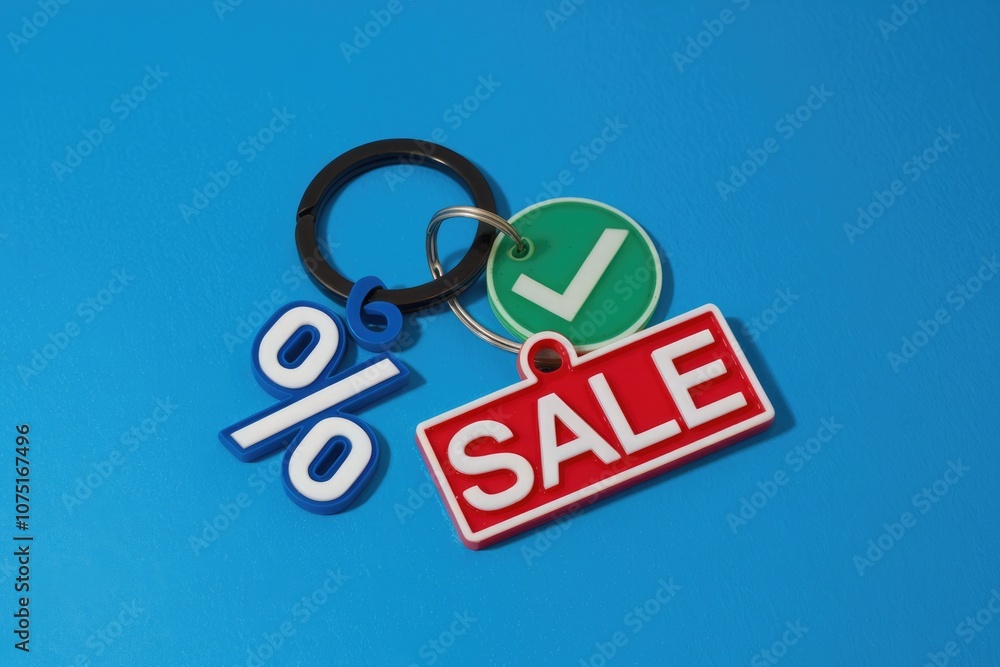 Poster a keychain with a percent sign a check mark and the word sale on a blue background.