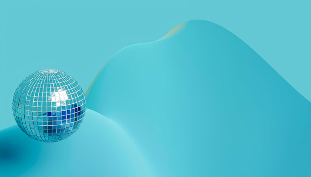 A single disco ball sits on a gentle blue gradient backdrop with a soft wave pattern.