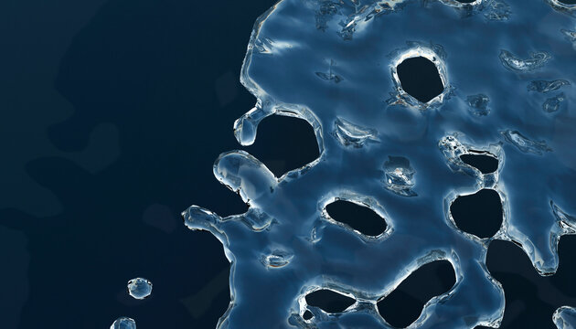 Illustration of an Aerial view of a frozen, crystalline blue ice structure with various holes and irregular shapes against a darker blue water background.