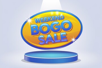 Weekend BOGO Sale banner with blue and yellow colors.