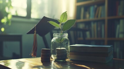 Dinesh's Investment in Education: Graduation Hat, Coins, and Books. AI generated illustration